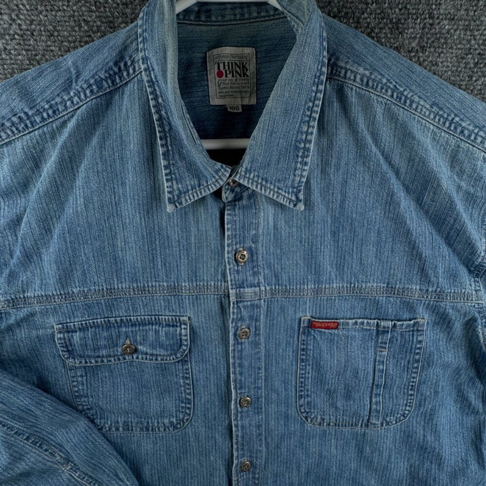 Think Pink Denim Men Long Sleeve Button Up Shirt Blue Size 100 (~XL) Pockets